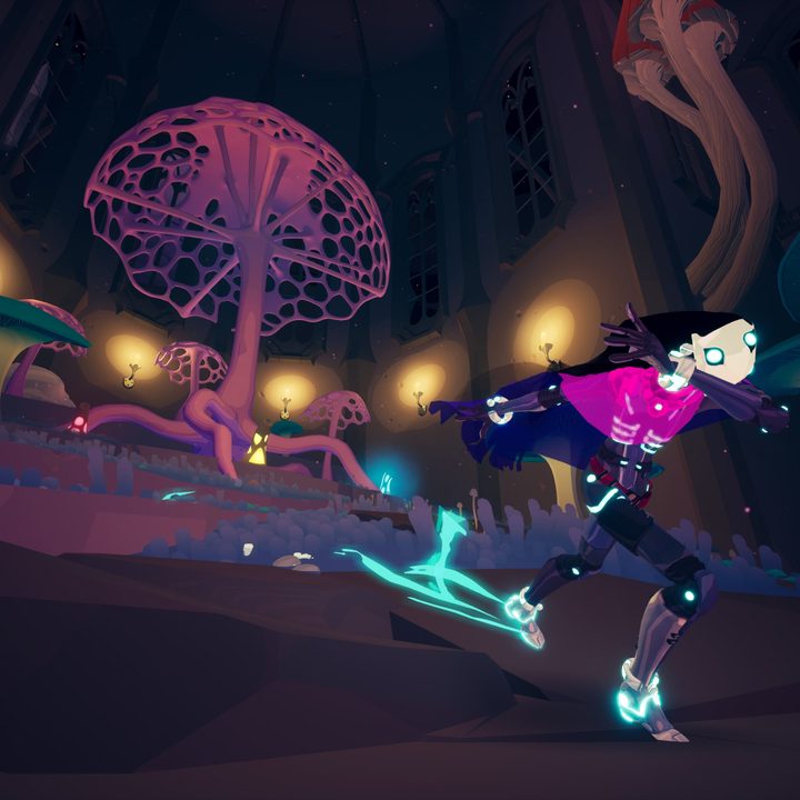 Rei skates past a big mushroom in Solar Ash.