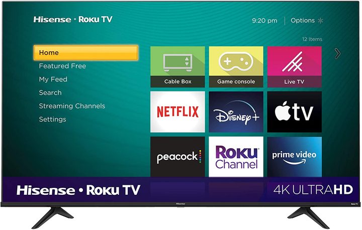 The 65-inch Hisense R6 Series 4K TV with the Roku TV interface on the screen.