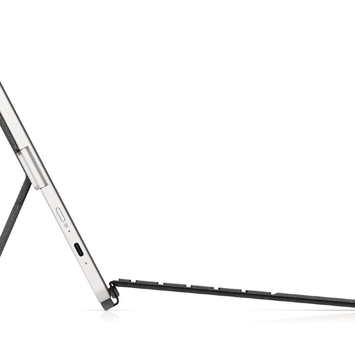The side view of the HP 11-Inch Tablet, showing its unique keyboard and kickstand.