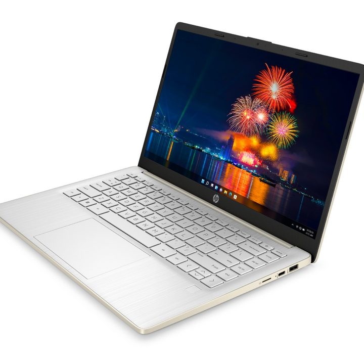 The HP 14-inch Laptop open in front of a white background.