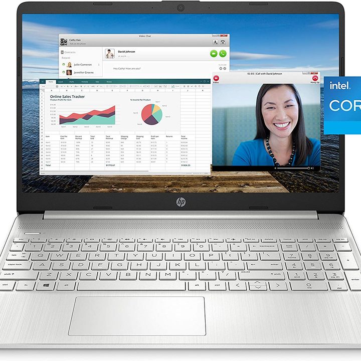 HP 15 Laptop in silver showing screen with graphs and video chat on a white background.