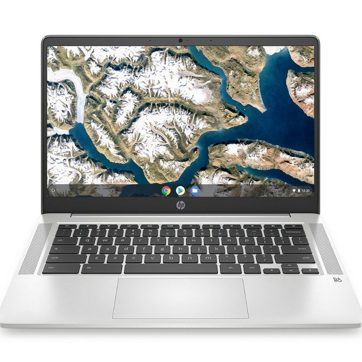 HP Chromebook on White Background.
