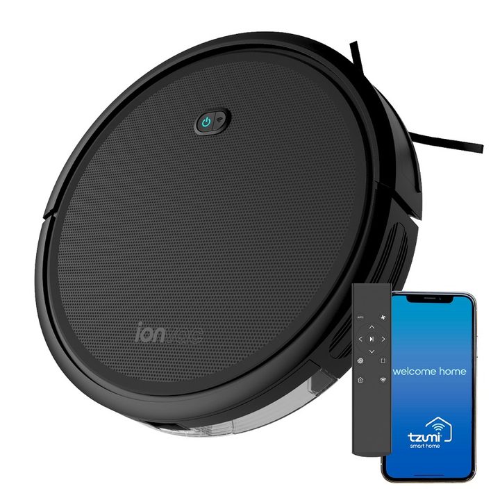 The IonVac SmartClean 2000 robot vacuum with its remote and app.
