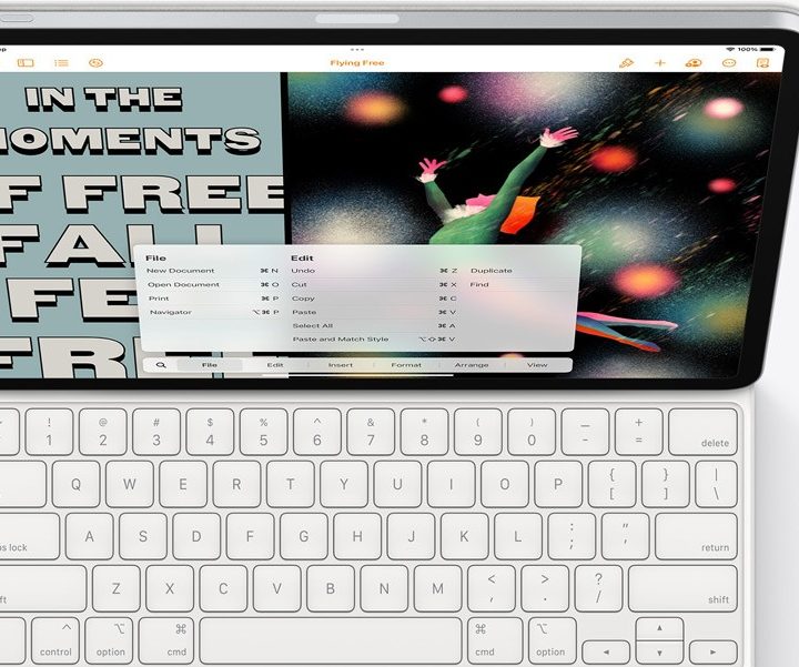 iPad with keyboard showing app shortcuts.