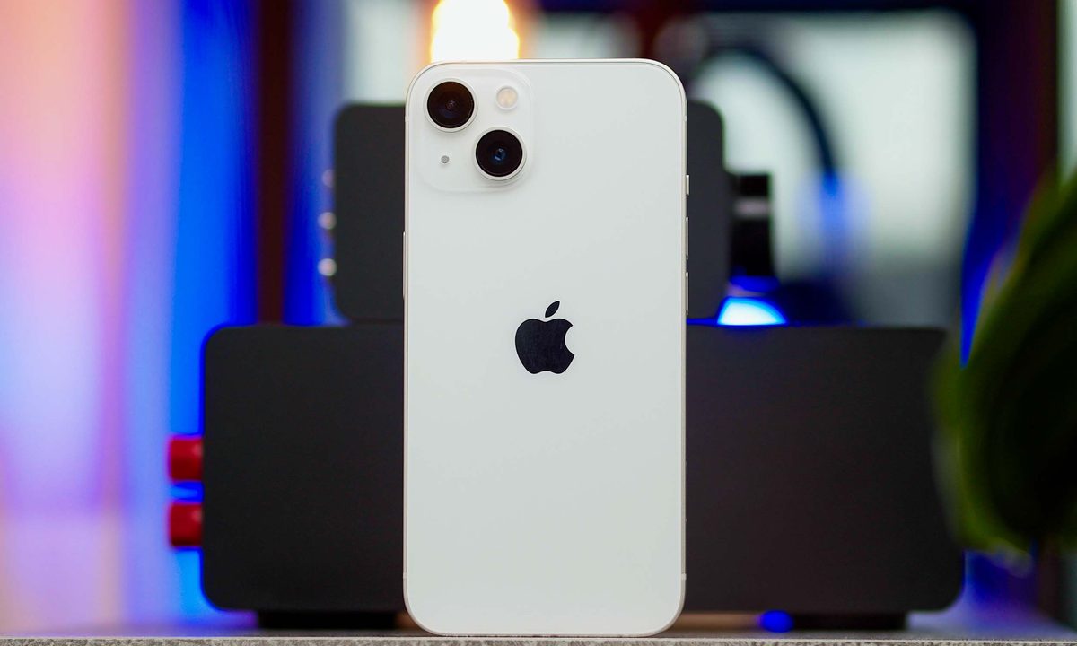 iPhone 13 standing upright showing back.