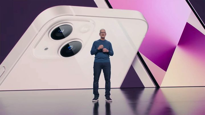 Tim Cook unveiling the iPhone 13 at Apple's California Streaming event in September 2021.