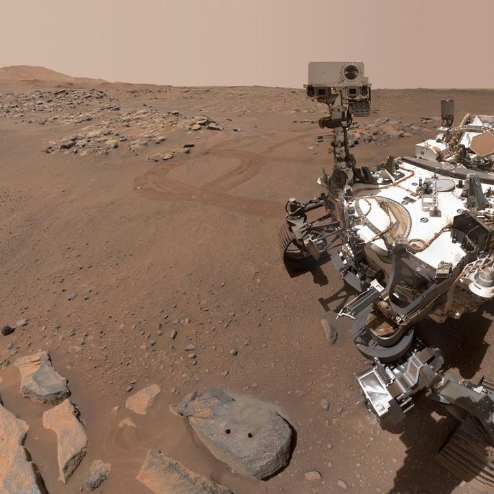 Using its WATSON camera, NASA’s Perseverance Mars rover took this selfie over a rock nicknamed “Rochette.”