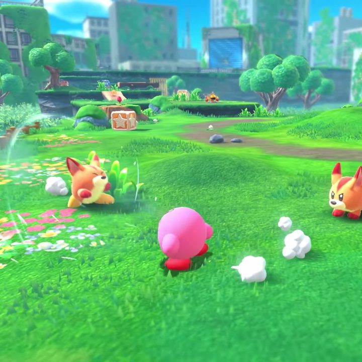 Kirby sucks up an enemy in in Kirby and the Forgotten Lands.