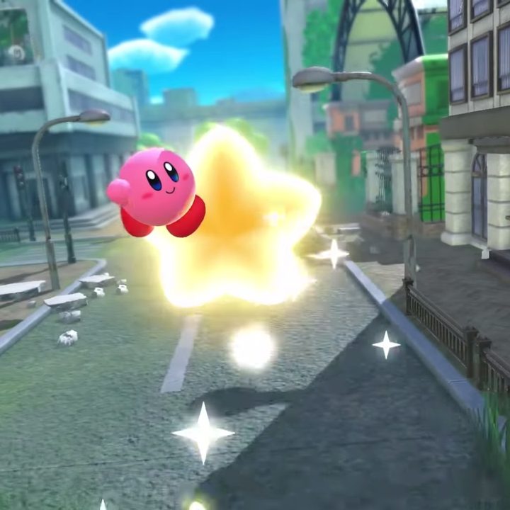 Kirby riding a star in Kirby and the Forgotten Lands.