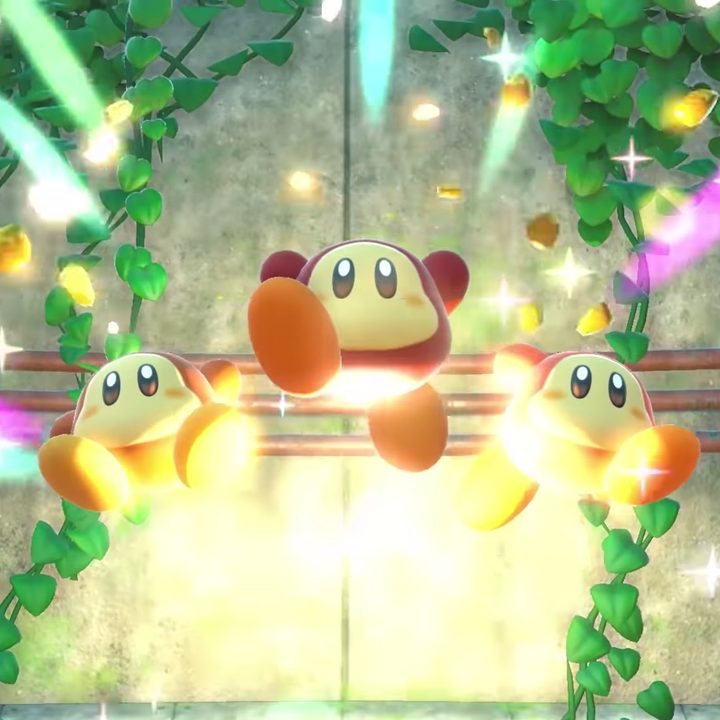Three Waddle Dees escape a cage in Kirby and the Forgotten Land.