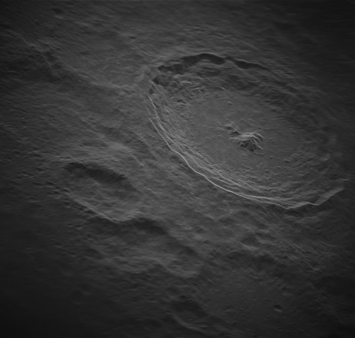 Partially processed view of the Tycho Crater at a resolution of nearly 5 meters by 5 meters and containing approximately 1.4 billion pixels.