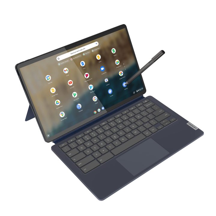 Lenovo Chromebook Duet front with stylus.