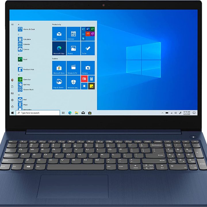 Lenovo IdeaPad 3 Touchscreen Laptop in black, open to windows home screen.