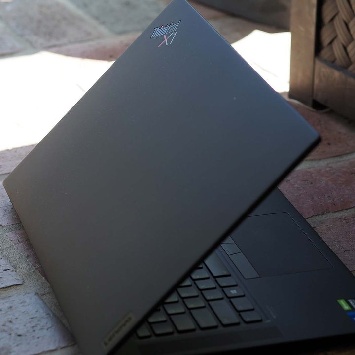 View of the lid on an opened Lenovo ThinkPad X1 Extreme Gen 4.