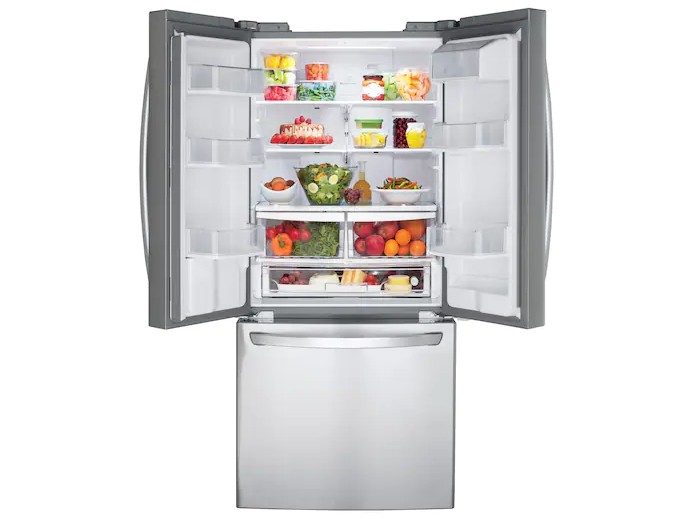 The LG LFDS22520S fridge with French doors open.
