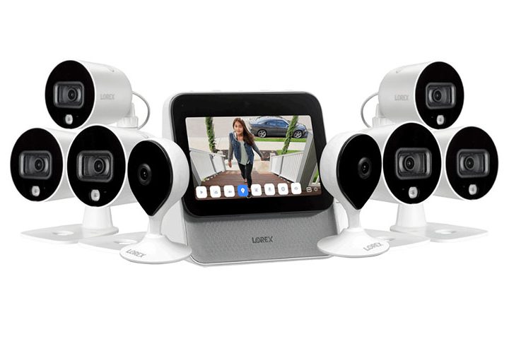 Lorex Home Center with 2 Indoor and 6 Outdoor Wi-Fi Cameras on a white background.
