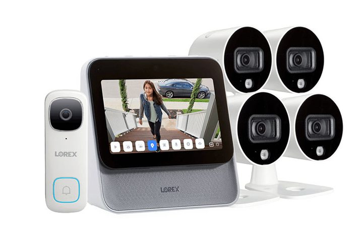 Lorex Home Center with Four 1080p Outdoor Wi-Fi Cameras and 2K Video Doorbell on a white background.
