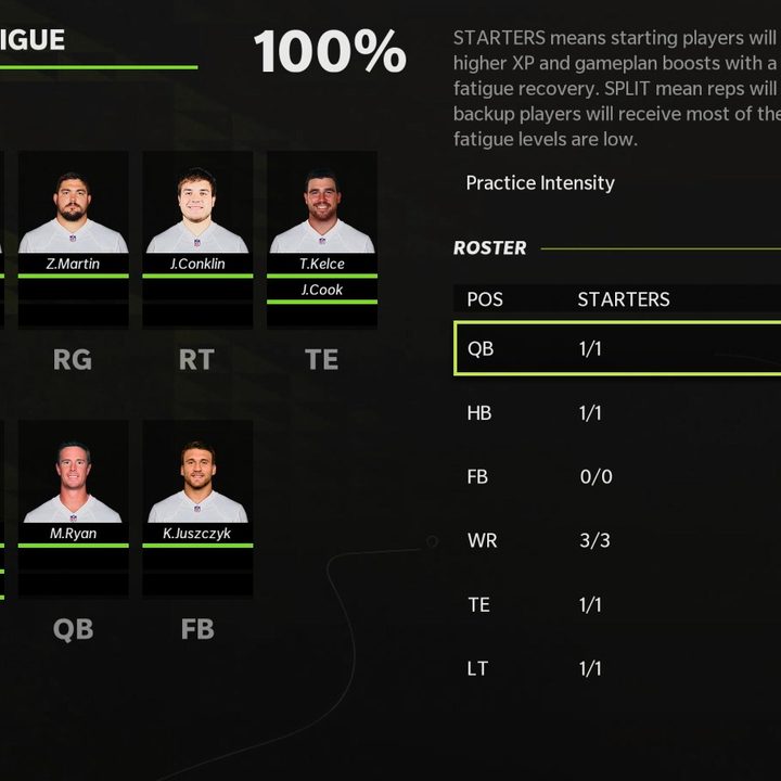 The practice and player health screen from Madden 22.