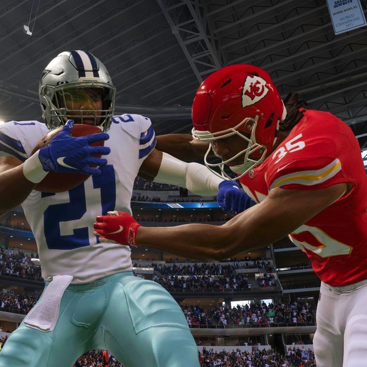 Ezekiel Eliot stiff arms a defender in Madden 22.