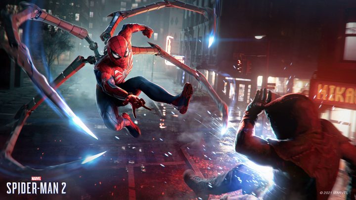 Spider-Man attacks an enemy while wearing a metal spider suit in Spider-Man 2.