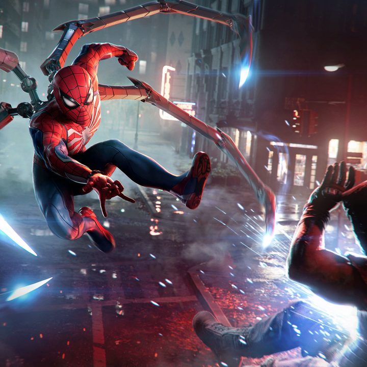 Spider-Man attacks an enemy while wearing a metal spider suit in Spider-Man 2.