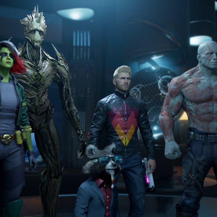 The Guardians of the Galaxy stand together in alternate costumes.