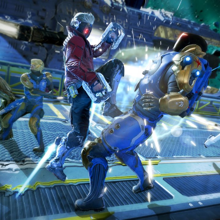 Star-Lord fights a NOVA Corp member in Guardians of the Galaxy.