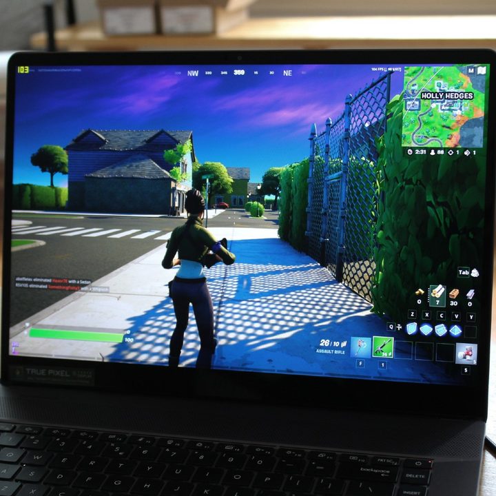 The MSI Creator Z16 with Fortnite playing on the screen.