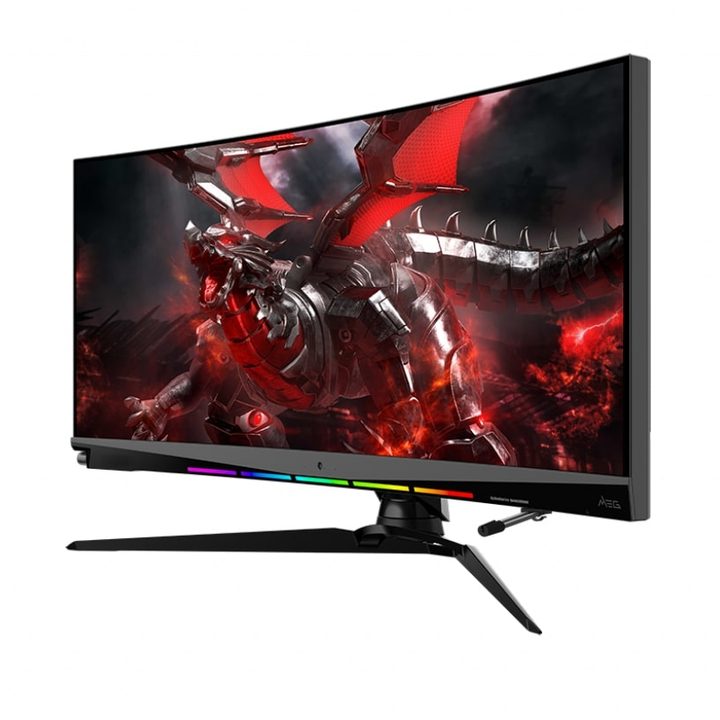 The MSI MEG381COR Plus gaming monitor from the corner.