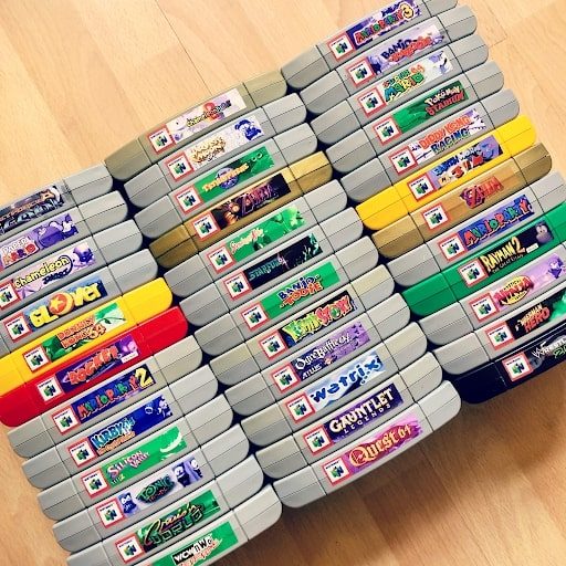 A Nintendo 64 collector's library of games.
