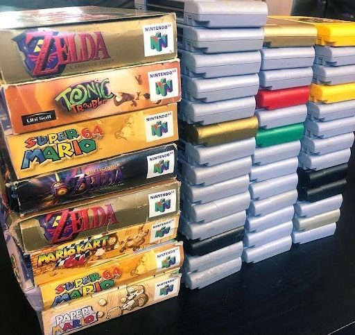 A Nintendo 64 fan's collection of games.