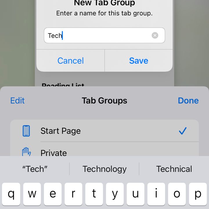 iPhone Naming a new tab group.