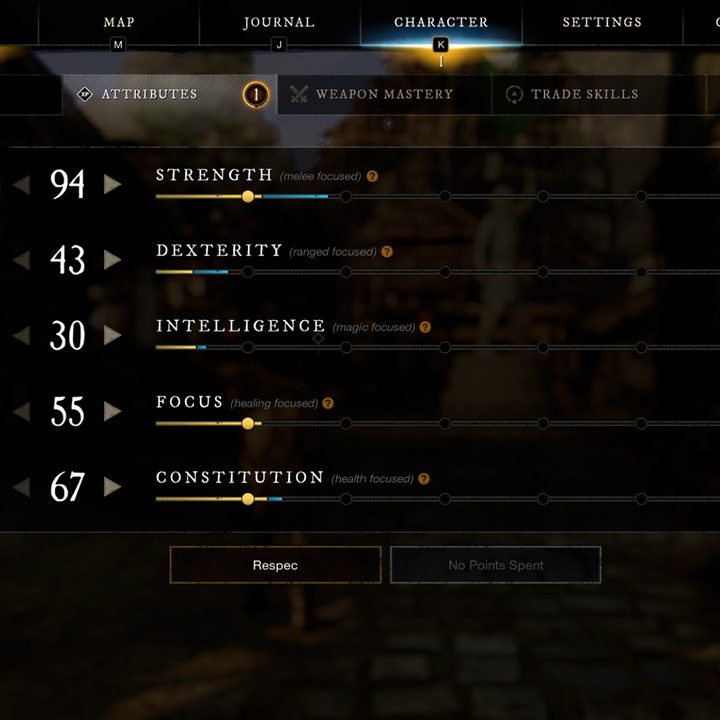 New World attributes screen.