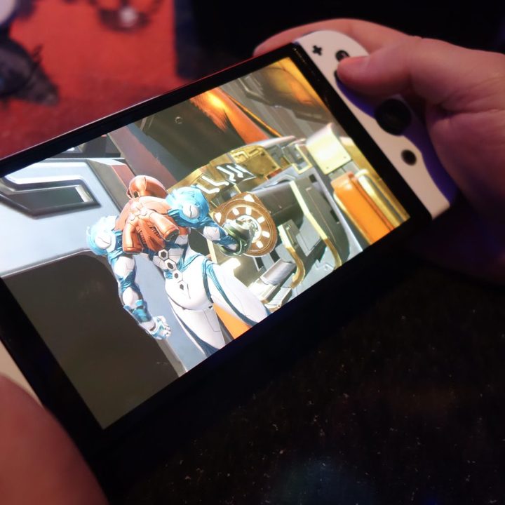 A Switch OLED playing Metroid Dread.