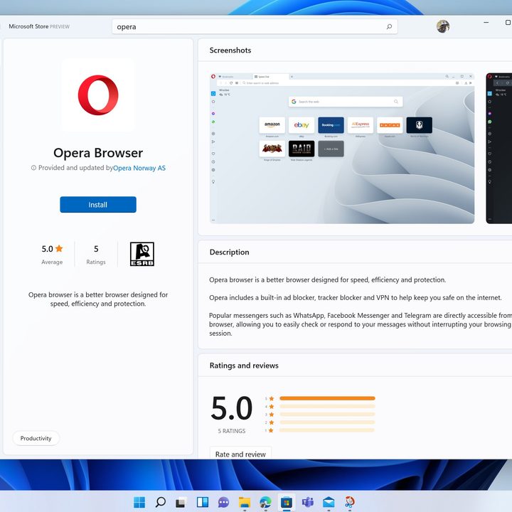 The Opera Web Browser in Windows 11 Store.