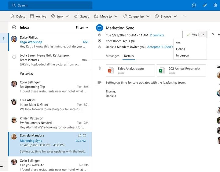 The new RSVP experience open in Outlook on the web.