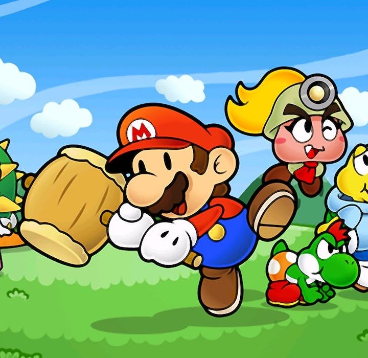 The colorful cast of Paper Mario: The Thousand Year Door stands on grass.