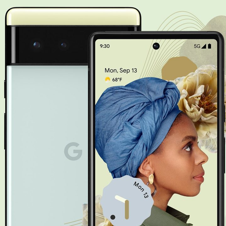 The Pixel 6 in lime green with a corresponding wallpaper.