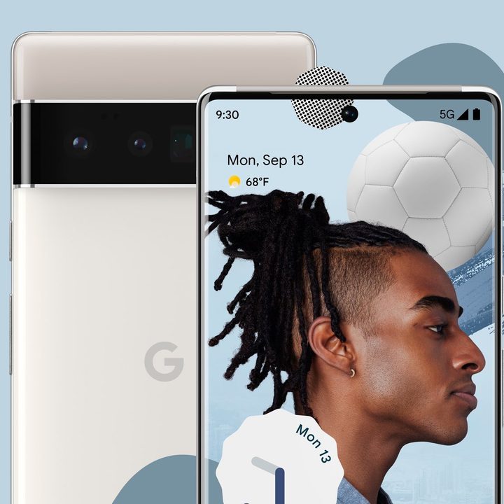 The Pixel 6 in Silver with a blue wallpaper.