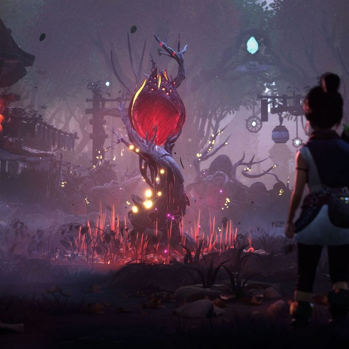 Kena looks at a poisoned bulb in Kena: Bridge of Spirits.