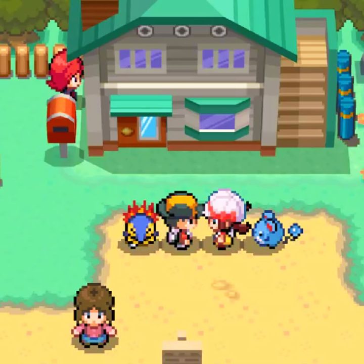 The player stands next to their childhood friend outside of the Lab.
