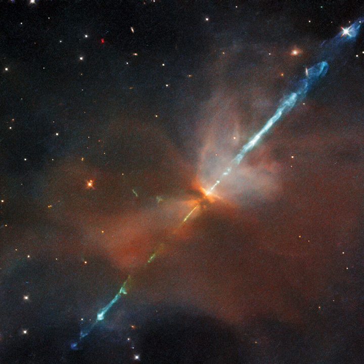 A striking image from the Hubble Space Telescope featuring a relatively rare celestial phenomenon known as a Herbig-Haro object.
