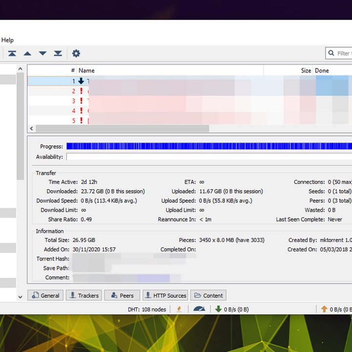The qBittorrent client running on a Windows desktop.