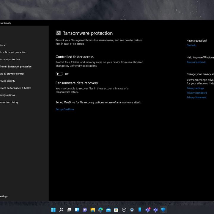 Ransomware protection in Windows 11 in Windows settings.