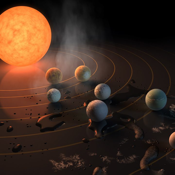 This artist’s concept portrays the seven rocky exoplanets within the TRAPPIST-1 system, located 40 light-years from Earth. Astronomers will observe these worlds with Webb in an effort to detect the first atmosphere of an Earth-sized planet beyond our solar system.