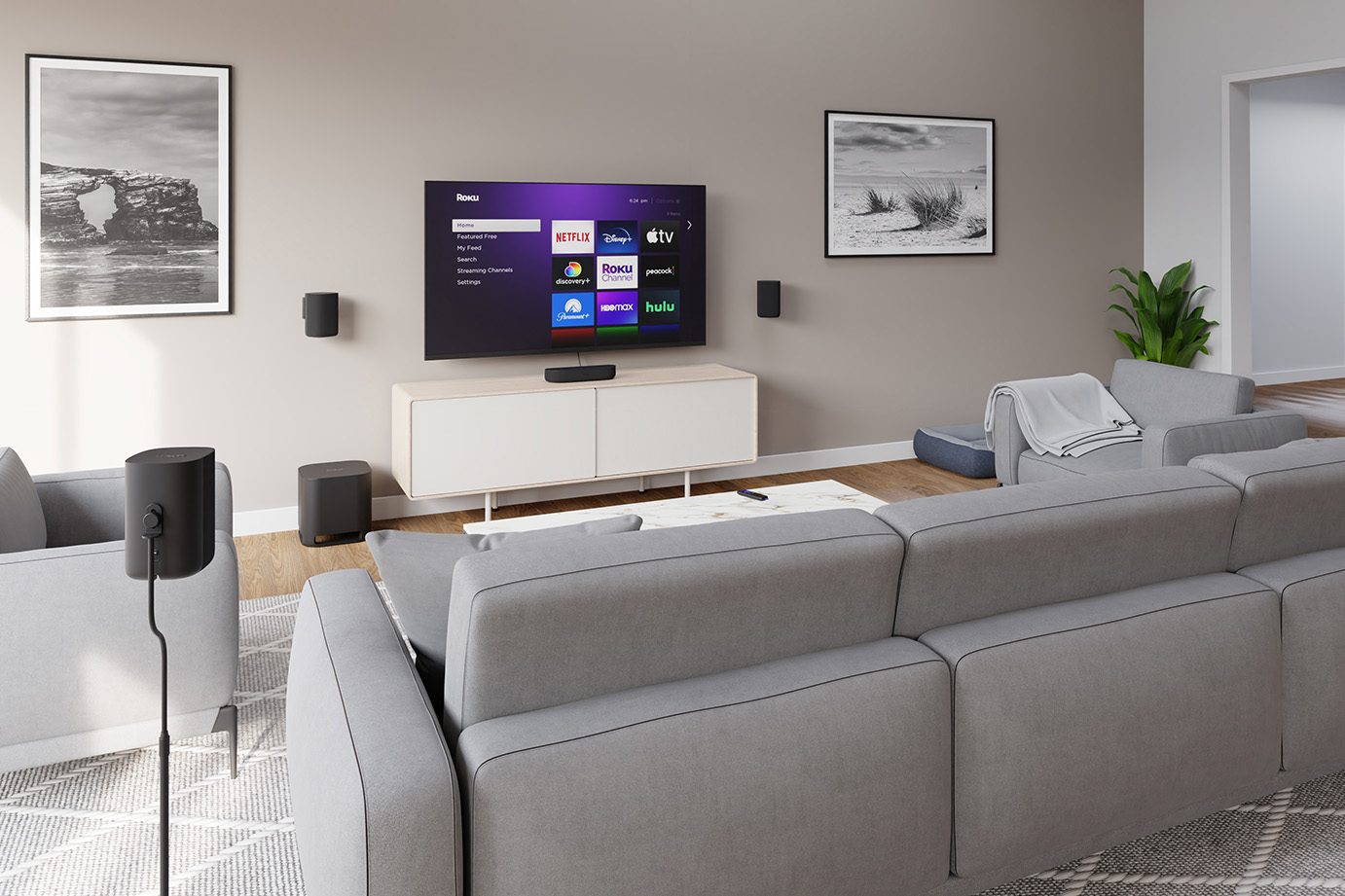 The Roku Streambar, Roku Wireless Speakers and Roku Wireless Subwoofer.