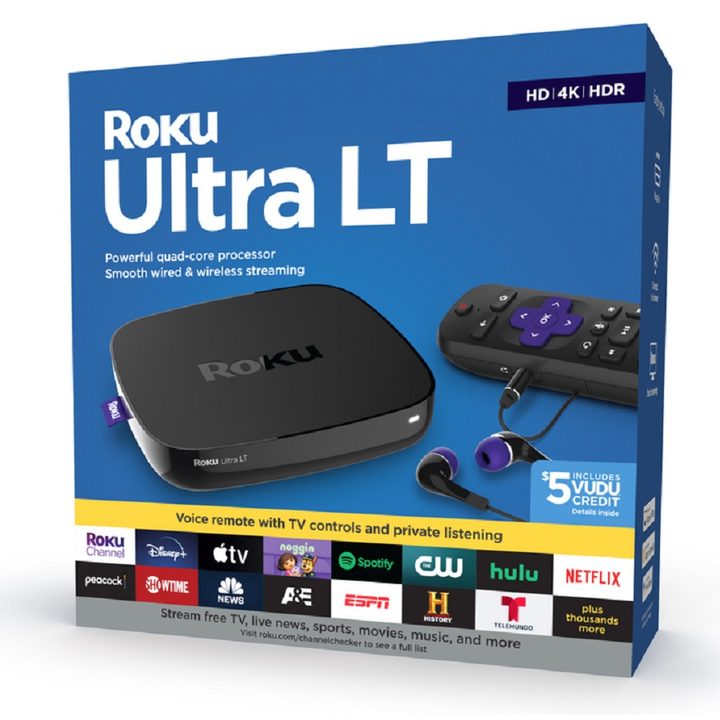 The box of the Roku Ultra LT streaming device.