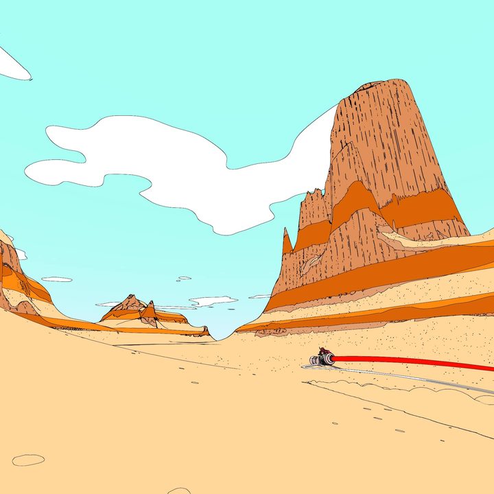 Sable drives across the desert in a glider.