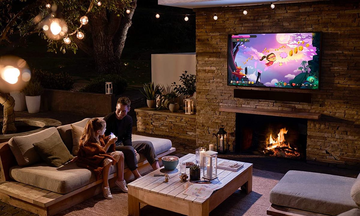 The Samsung 55-inch The Terrace mounted outside.