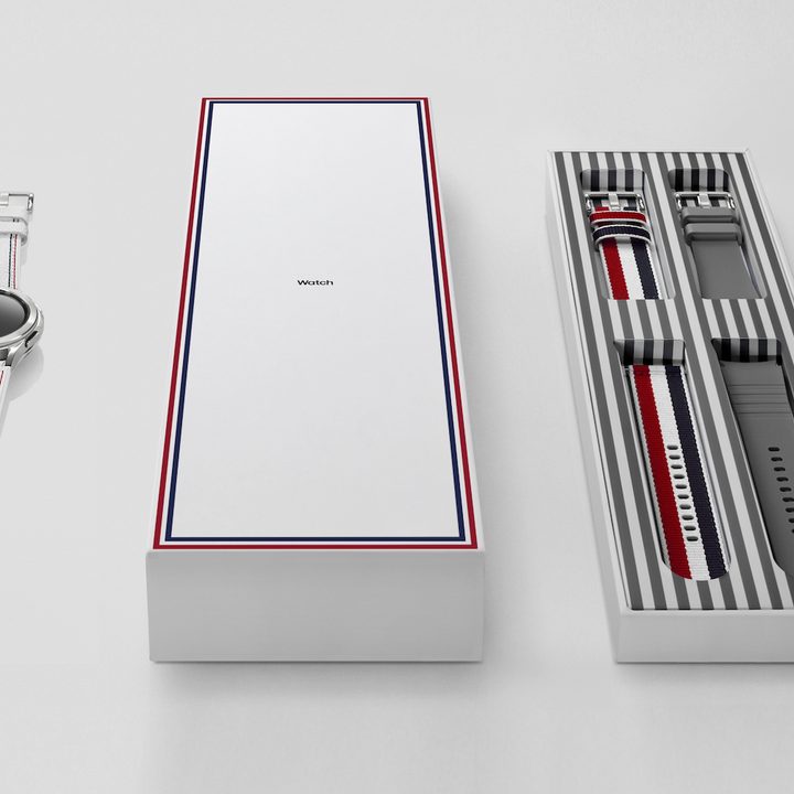 The Samsung Galaxy Watch 4 Classic Thom Browne Edition packaging.